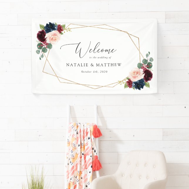 Burgundy Flowers, Navy Flowers, Wedding Welcome Banner (Insitu)