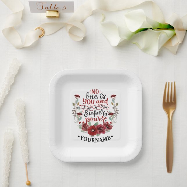 Burgundy Flowers No One Is You & That's Your Power Paper Plates (Wedding)
