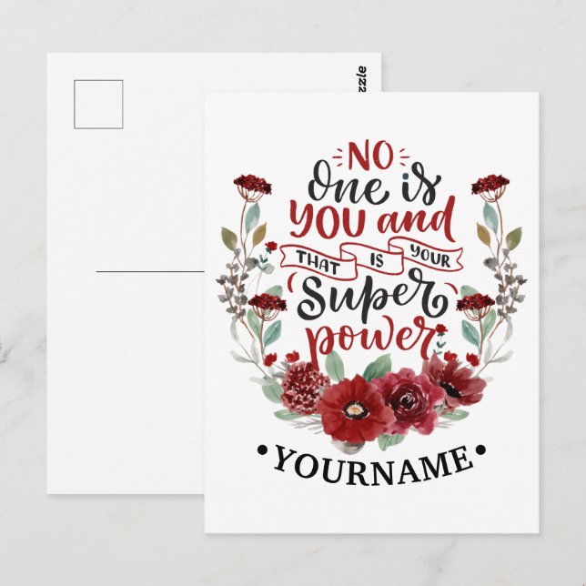 Burgundy Flowers No One Is You & That's Your Power Postcard (Front/Back)