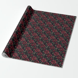 Burgundy Flowers on Black Wrapping Paper