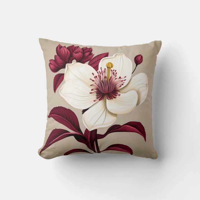 Burgundy Flowers On Cream Throw Pillow (Front)