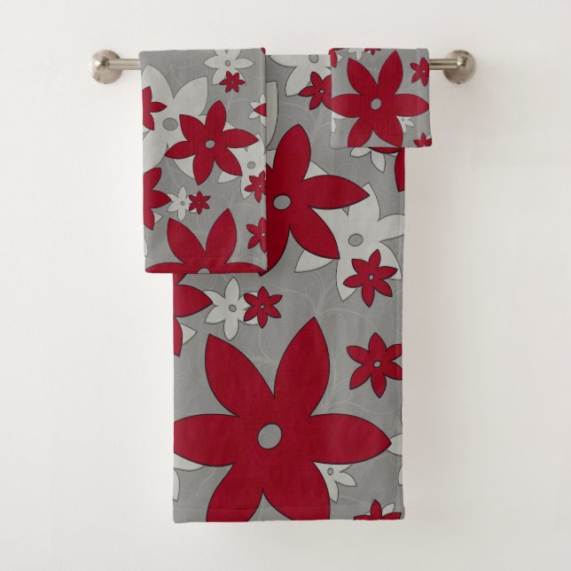 Burgundy flowers on light grey and vines bath towel set (Insitu)