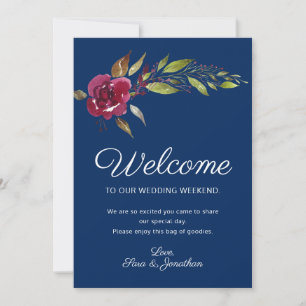 Burgundy Flowers on Navy Blue Wedding Welcome Invitation