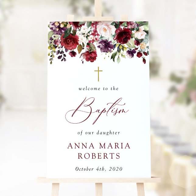 Burgundy Flowers, Pink Flowers, Baptism Welcome Foam Board (Creator Uploaded)