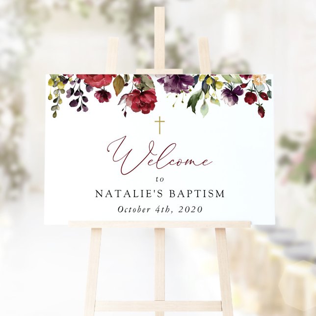 Burgundy Flowers, Pink Flowers, Baptism Welcome Sign (Creator Uploaded)