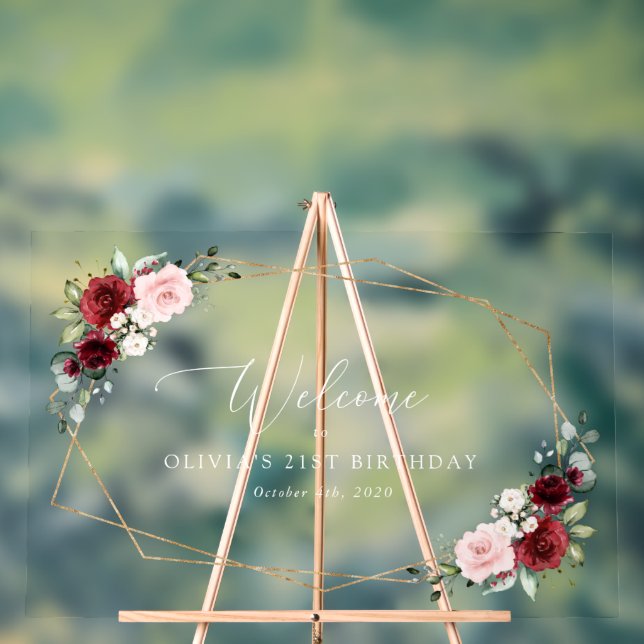 Burgundy Flowers, Pink Flowers, Birthday Welcome Acrylic Sign (Neutral)
