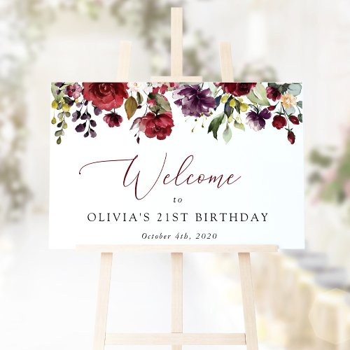 Burgundy Flowers Pink Flowers Birthday Welcome Poster