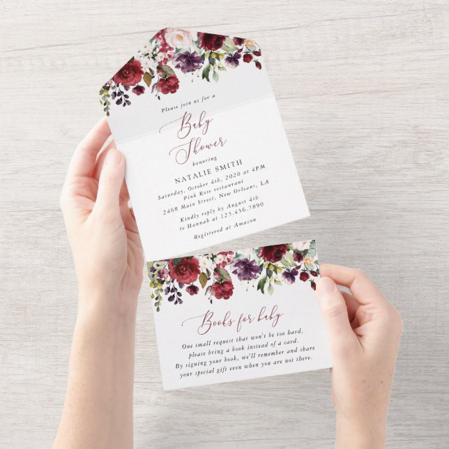 Burgundy Flowers, Pink Flowers, Boho, Baby Shower All In One Invitation (Tearaway)