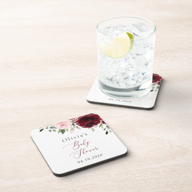 Burgundy Flowers, Pink Flowers, Boho, Baby Shower Beverage Coaster (Right Side)