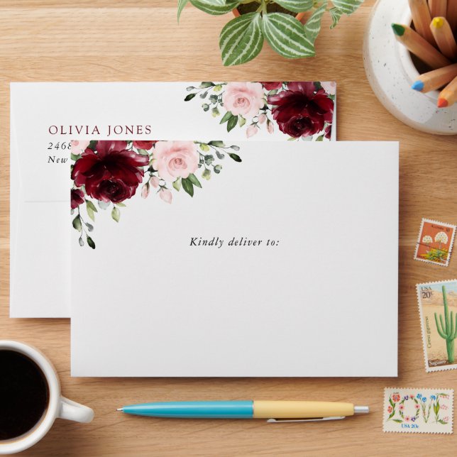 Burgundy Flowers, Pink Flowers, Boho, Baby Shower Envelope (Desk)