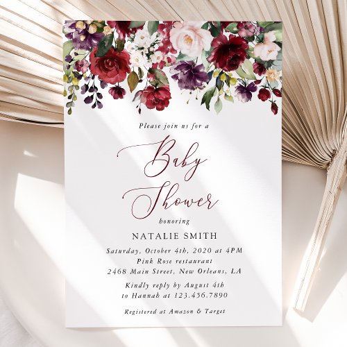 Burgundy Flowers Pink Flowers Boho Baby Shower Invitation