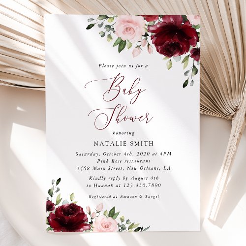 Burgundy Flowers Pink Flowers Boho Baby Shower Invitation