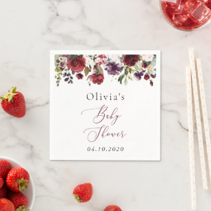 Burgundy Flowers, Pink Flowers, Boho, Baby Shower Napkins