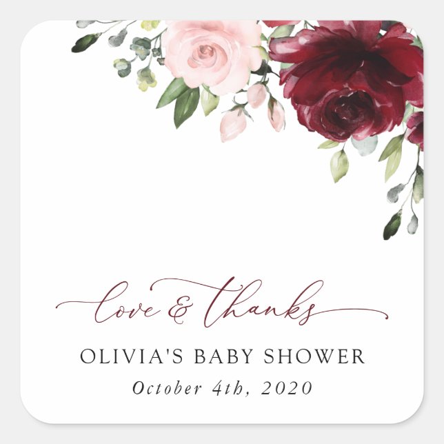 Burgundy Flowers, Pink Flowers, Boho, Baby Shower Square Sticker (Front)