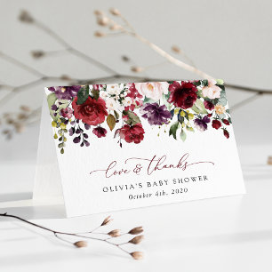 Burgundy Flowers, Pink Flowers, Boho, Baby Shower Thank You Card