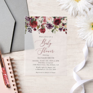 Burgundy Flowers, Pink Flowers, Boho, Baby Shower Vellum Invitations