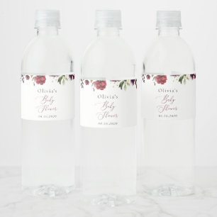 Burgundy Flowers, Pink Flowers, Boho, Baby Shower Water Bottle Label