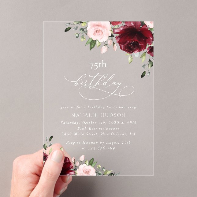 Burgundy Flowers, Pink Flowers, Boho, Birthday Acrylic Invitations (Insitu (Handheld))