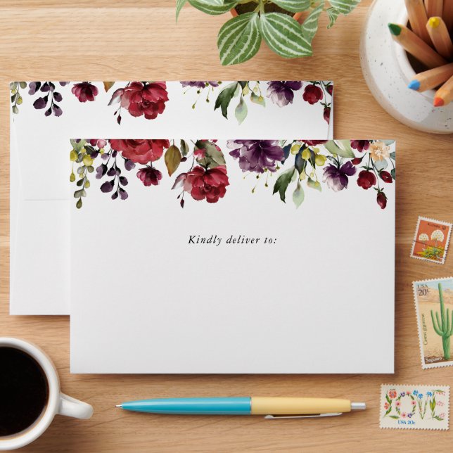 Burgundy Flowers, Pink Flowers, Boho, Birthday Envelope (Desk)