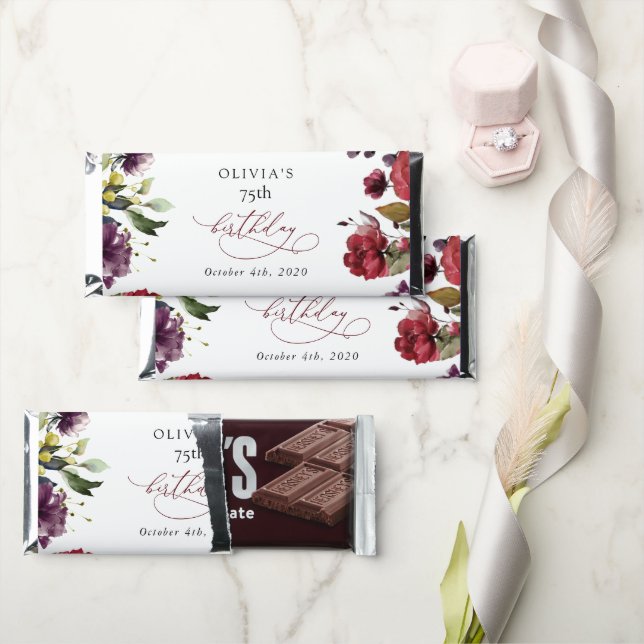 Burgundy Flowers, Pink Flowers, Boho, Birthday Hershey Bar Favors (Front)
