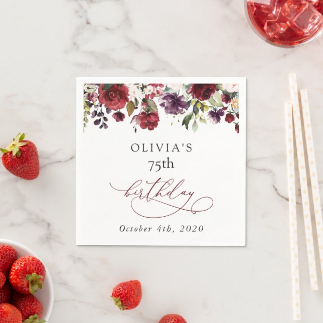 Burgundy Flowers, Pink Flowers, Boho, Birthday Napkins (Insitu)