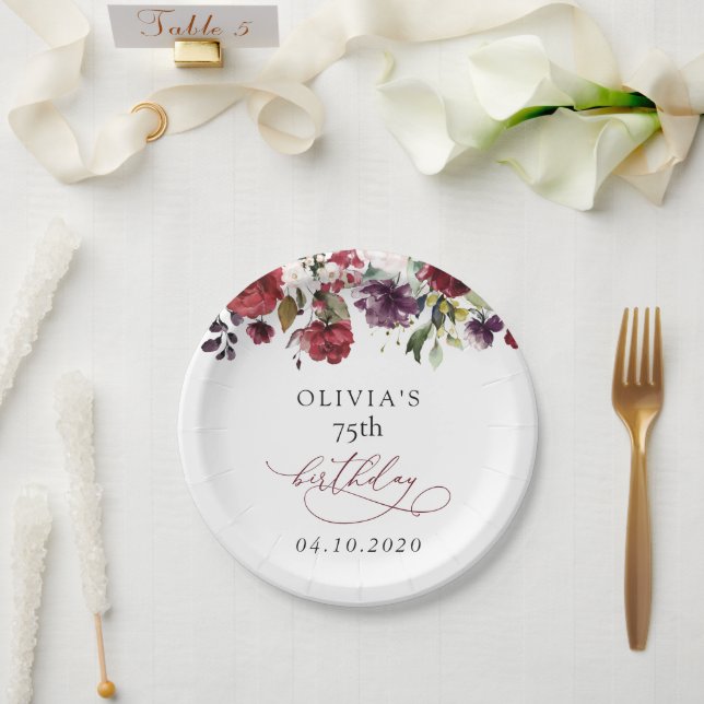 Burgundy Flowers, Pink Flowers, Boho, Birthday Paper Plates (Wedding)