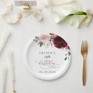 Burgundy Flowers, Pink Flowers, Boho, Birthday Paper Plates
