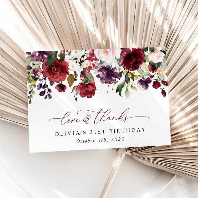 Burgundy Flowers, Pink Flowers, Boho, Birthday Thank You Card (Creator Uploaded)