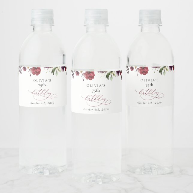 Burgundy Flowers, Pink Flowers, Boho, Birthday Water Bottle Label (Bottles)