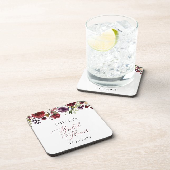 Burgundy Flowers, Pink Flowers, Boho Bridal Shower Beverage Coaster (Right Side)