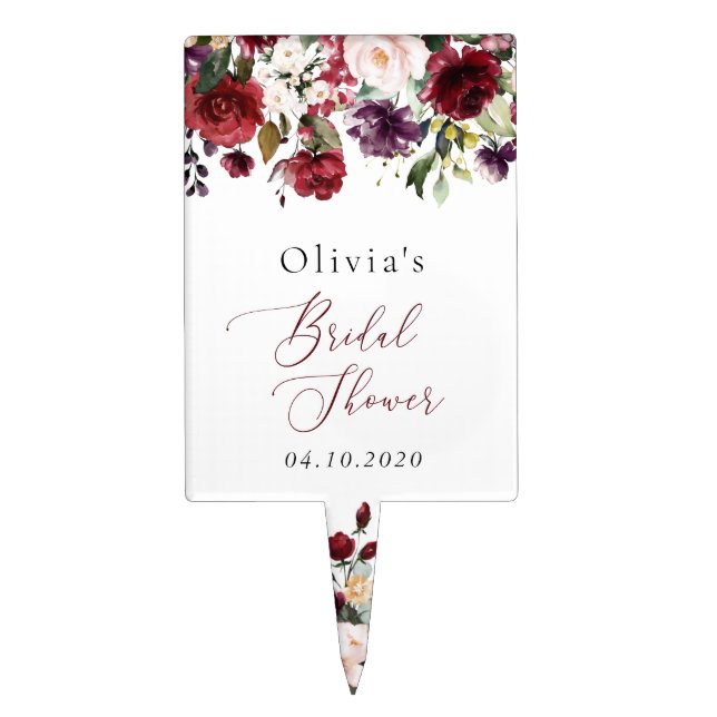 Burgundy Flowers, Pink Flowers, Boho Bridal Shower Cake Topper (Front)