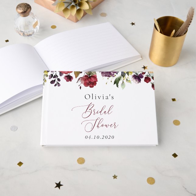 Burgundy Flowers, Pink Flowers, Boho Bridal Shower Guest Book (Front Open)