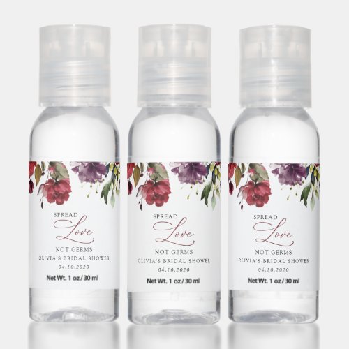 Burgundy Flowers Pink Flowers Boho Bridal Shower Hand Sanitizer