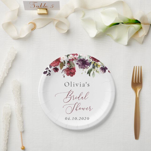 Burgundy Flowers, Pink Flowers, Boho Bridal Shower Paper Plates (Wedding)