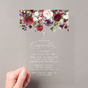 Burgundy Flowers, Pink Flowers, Boho, Confirmation Acrylic Invitations