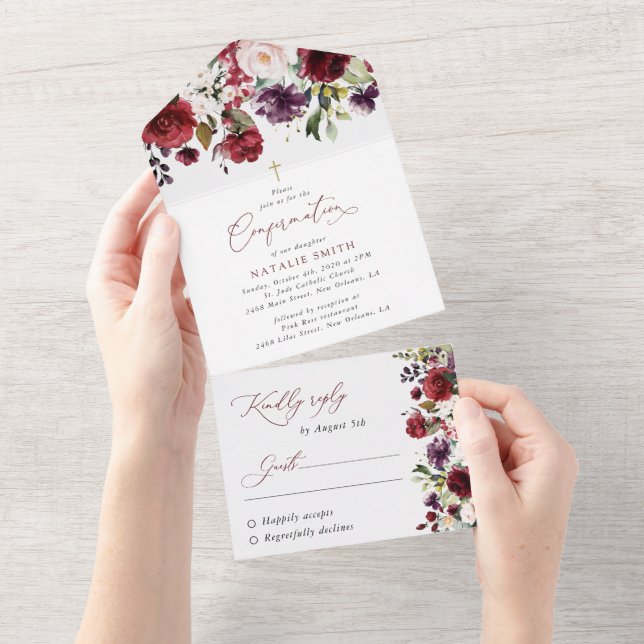 Burgundy Flowers, Pink Flowers, Boho, Confirmation All In One Invitation (Tearaway)
