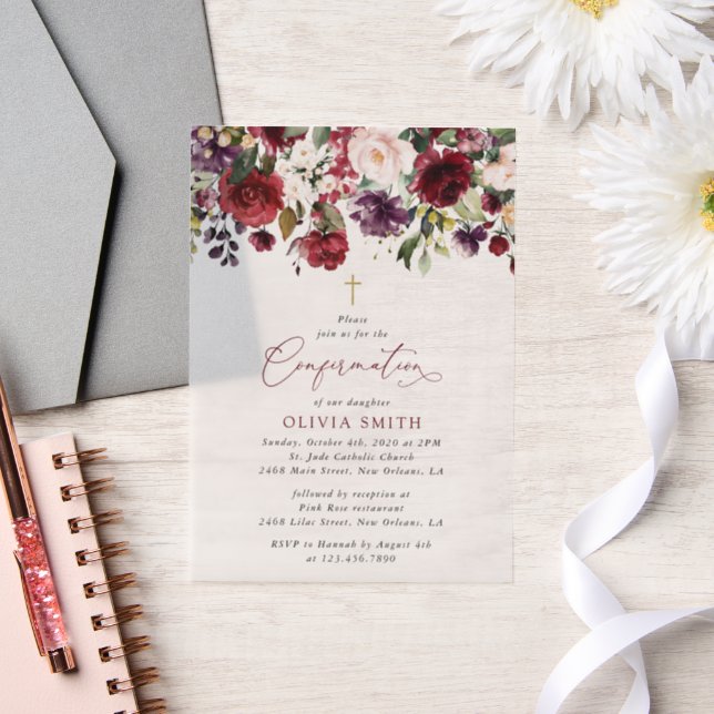 Burgundy Flowers, Pink Flowers, Boho, Confirmation Vellum Invitations (Wedding)