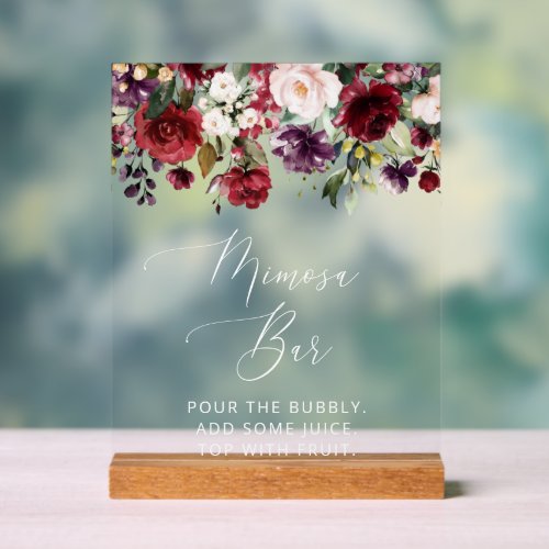 Burgundy Flowers Pink Flowers Boho Mimosa Bar  Acrylic Sign