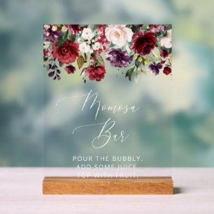 Burgundy Flowers, Pink Flowers, Boho, Momosa Bar Acrylic Sign