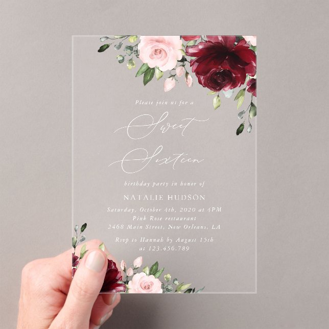 Burgundy Flowers, Pink Flowers, Boho, Sweet 16 Acrylic Invitations (Insitu (Handheld))