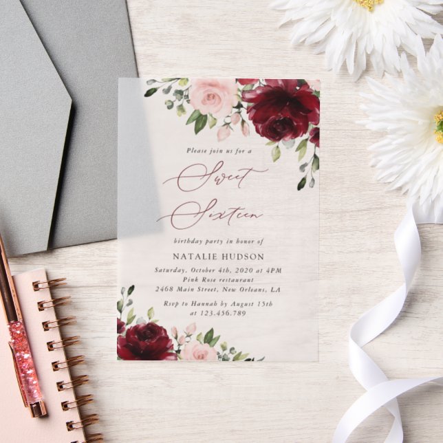 Burgundy Flowers, Pink Flowers, Boho, Sweet 16 Vellum Invitations (Wedding)