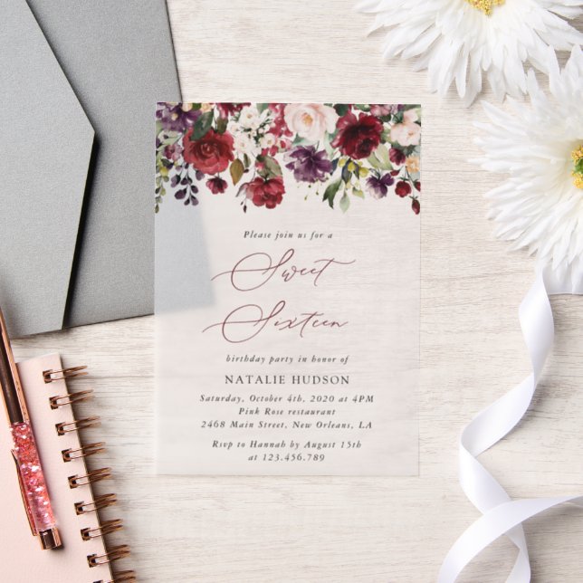 Burgundy Flowers, Pink Flowers, Boho, Sweet 16 Vellum Invitations (Wedding)