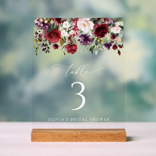 Burgundy Flowers Pink Flowers Boho Table Numbers Acrylic Sign