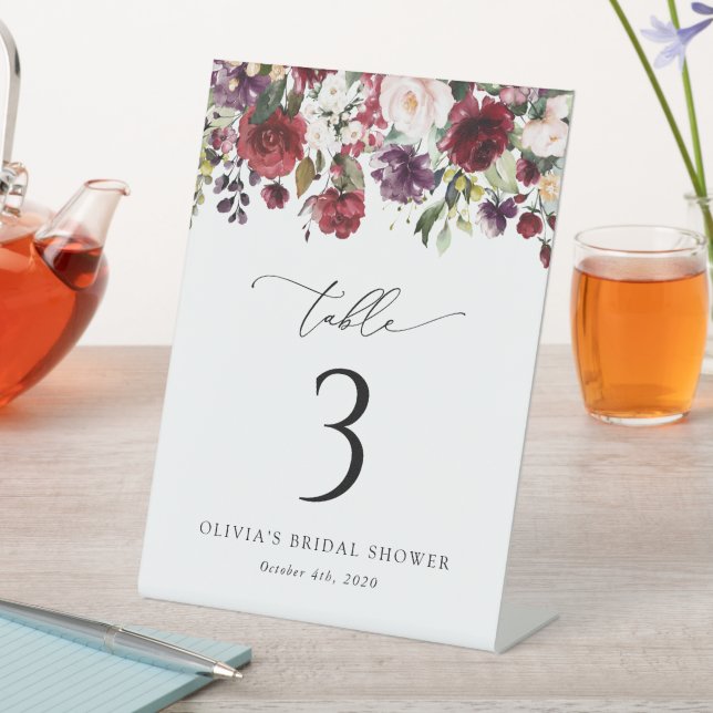 Burgundy Flowers, Pink Flowers, Boho Table Numbers Pedestal Sign (In SItu)