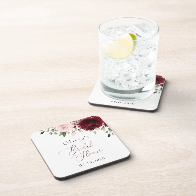 Burgundy Flowers, Pink Flowers, Bridal Shower Beverage Coaster (Right Side)