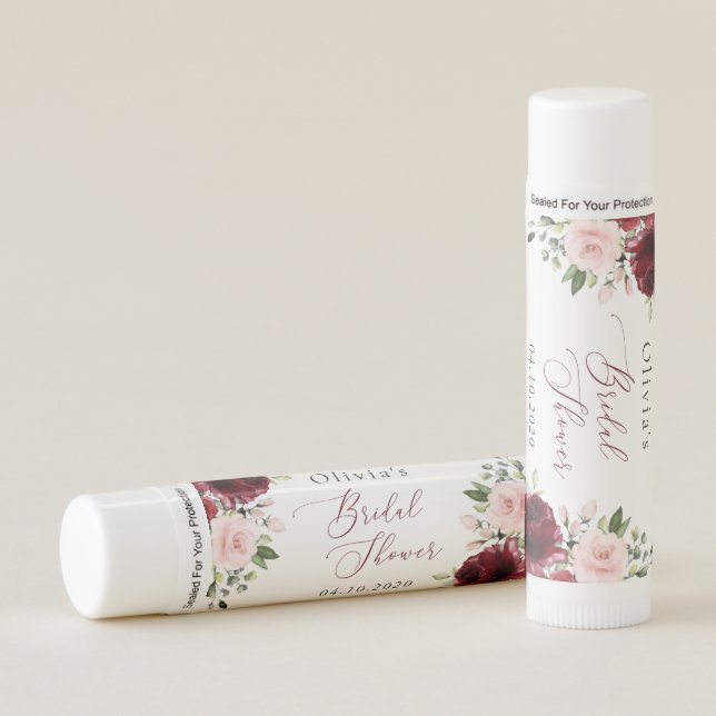 Burgundy Flowers, Pink Flowers, Bridal Shower Lip Balm (Front)