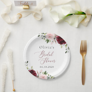 Burgundy Flowers, Pink Flowers, Bridal Shower Paper Plates