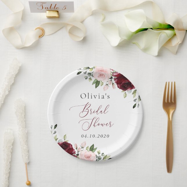 Burgundy Flowers, Pink Flowers, Bridal Shower Paper Plates (Wedding)
