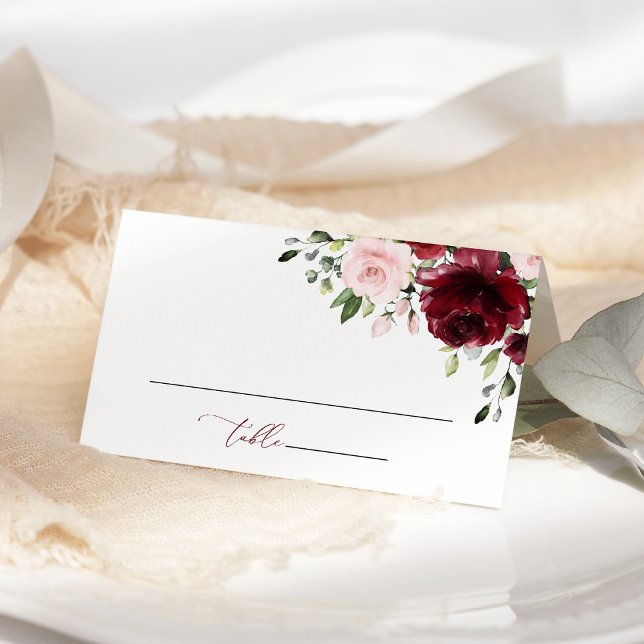 Burgundy Flowers, Pink Flowers, Bridal Shower Place Card (Creator Uploaded)