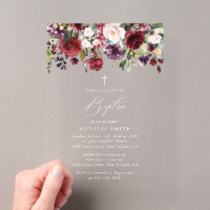 Burgundy Flowers, Pink Flowers, Floral Baptism Acrylic Invitations